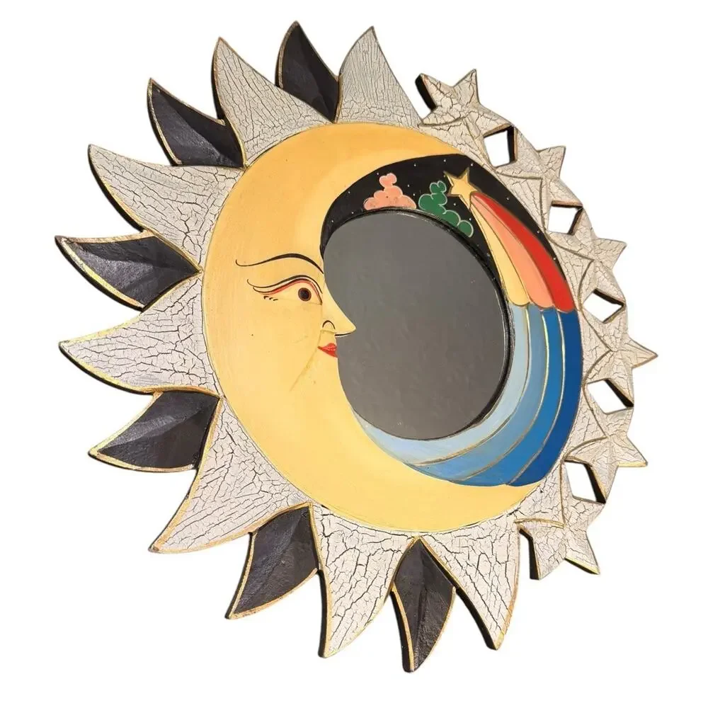 VTG Celestial Accent Wall Mirror Hand Painted Wood Sun Moon Stars Folk Art Style